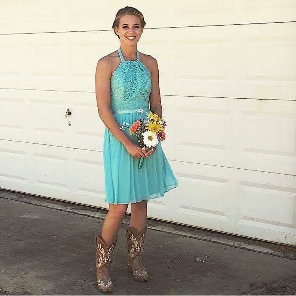 David’s Bridal Spa Blue Size 4 bridesmaid dress lace top, flowy bottom